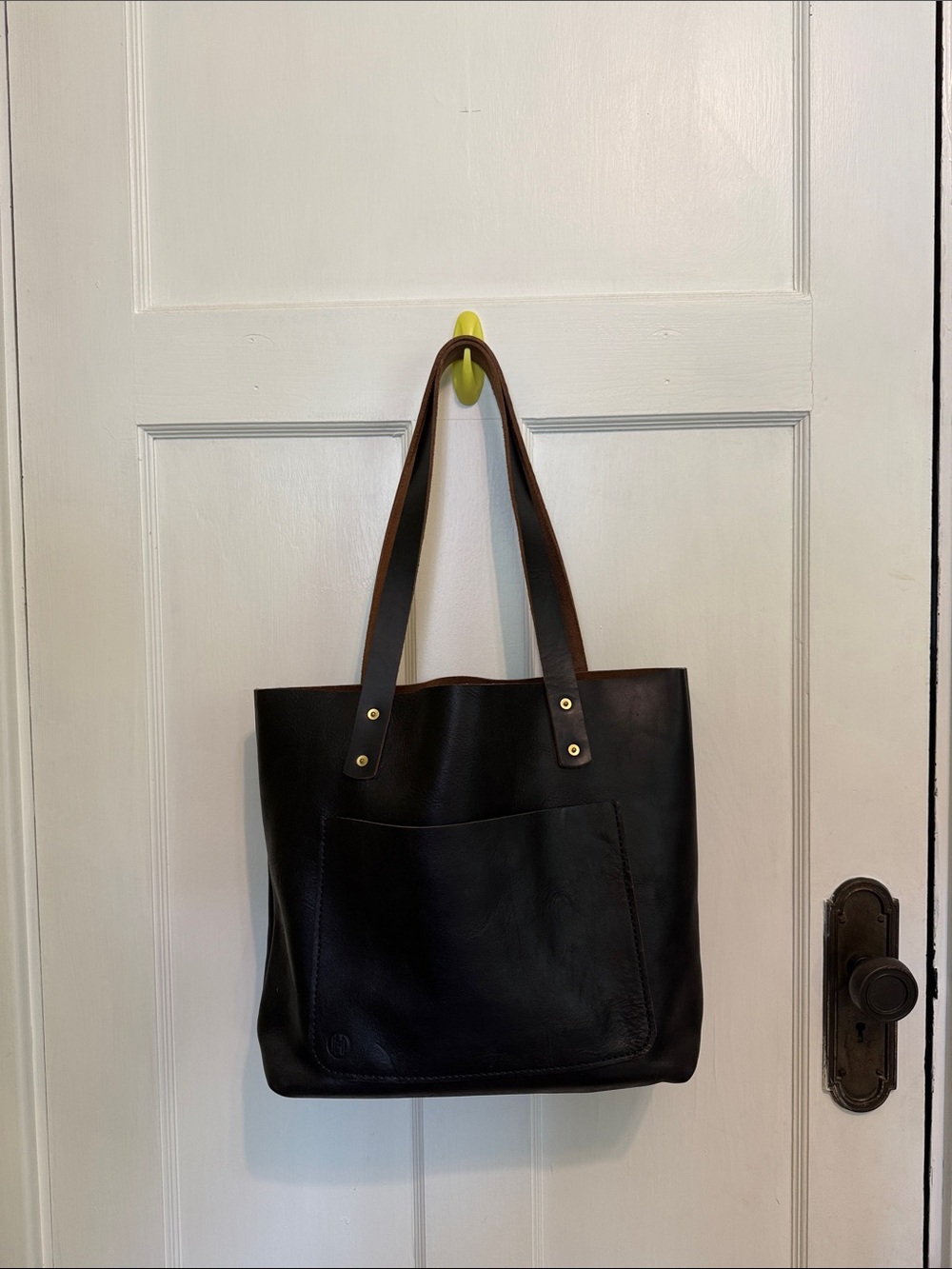 Mortal Hands Leather Black Leather Tote Bag with Front Pocket